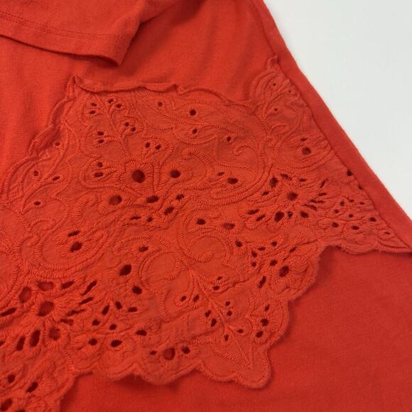 Chico's Red Orange Tunic Top Size 2 Lace Trim Hi-Lo Asymmetrical Hem 3/4 Sleeve - Picture 5 of 8